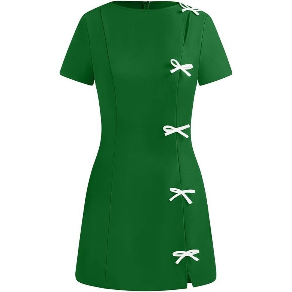 Women Black Short Sleeve Mini Dress with White Bow Details Elegant Party Outfit - Picture 8 of 8